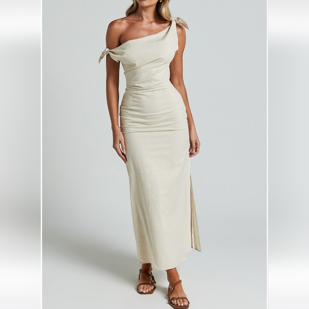 Showpo Cream Asymmetrical Ruched Gown US 8/ AU12